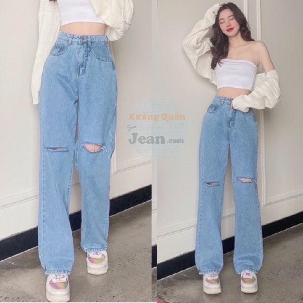 Quần Jean Nữ Ống Rộng Rách Gối Lưng Cao Dáng Suông, Quần Bò Rách Gối Màu Xanh Nhạt Sang Chảnh Size SML 451