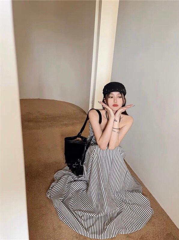 VÁY ĐI CHƠI, VÁY MAXI 2S KẺ CÚP NGỰC DÁNG DÀI XÒE CỰC HOT