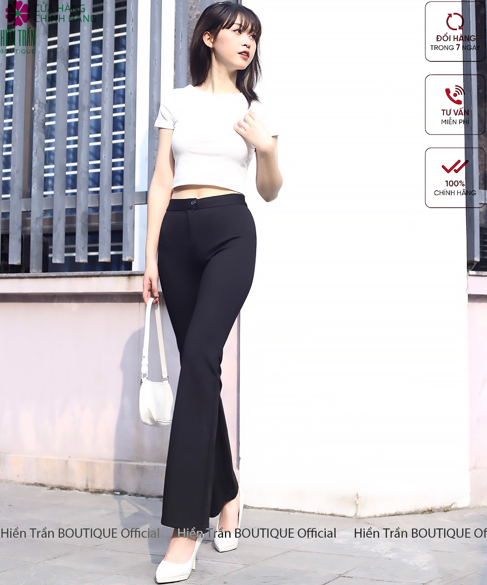 Quần ống rộng Hiền Trần BOUTIQUE lưng cạp cao 1 cúc baggy vải nữ dài suông loe culottes màu đen