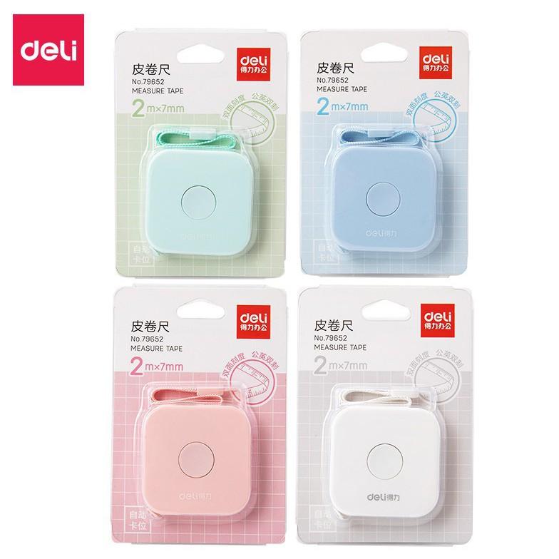 Thước dây Deli 200cm dây da mềm an toàn, bấm rút dây tự động hàng chính hãng
