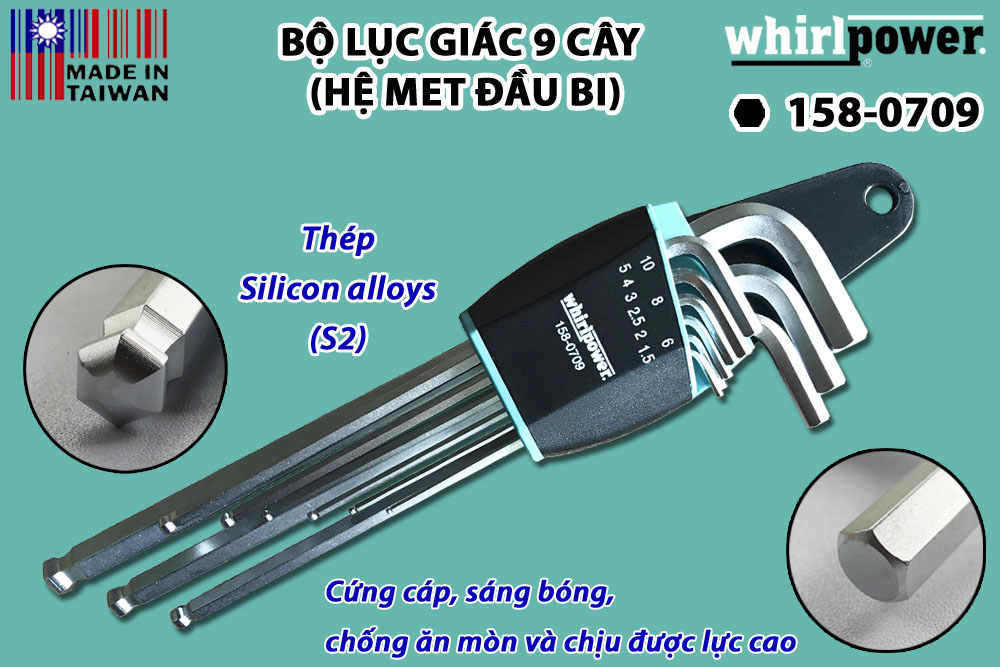 BỘ LỤC GIÁC CHỮ L 9 CÂY (HỆ MET ĐẦU BI) WHIRLPOWER - 158-3109: có khả năng chống trượt.