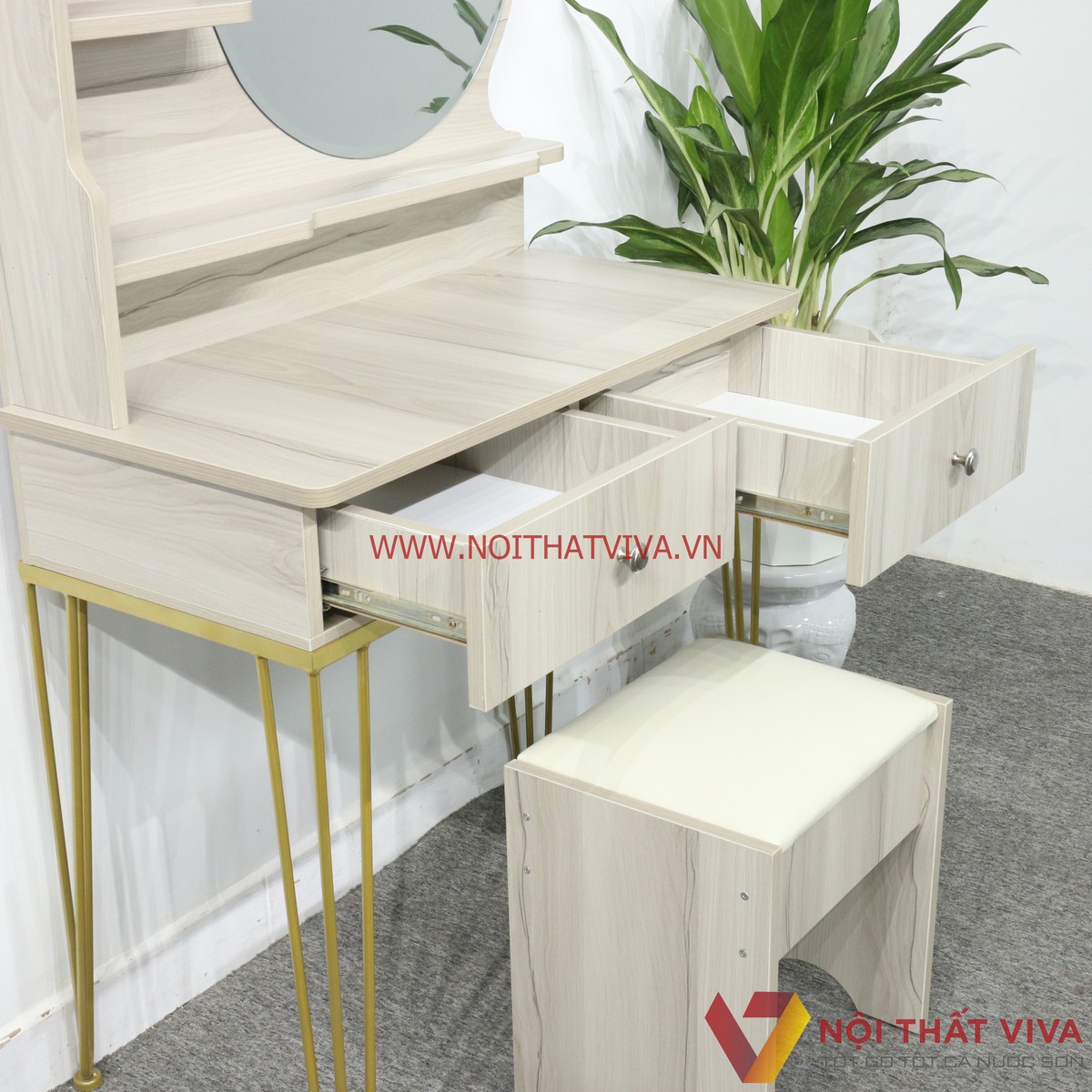 Bàn Trang Điểm Gỗ MDF Melamine Màu Sữa Chân Sắt 2 Ngăn Kéo Gương Tròn