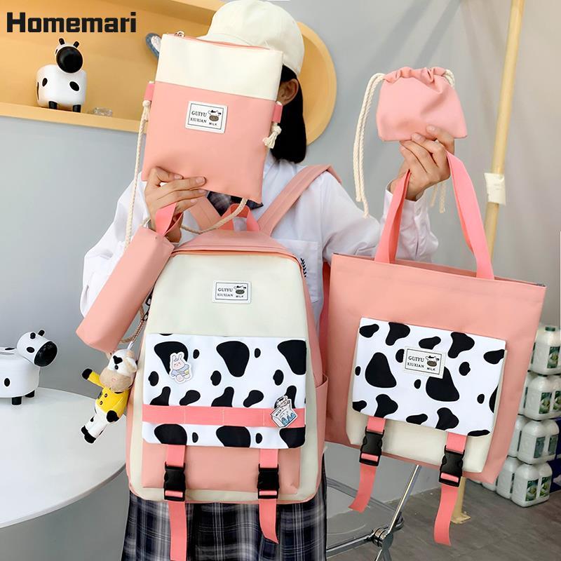 5 Cái/bộ Trẻ Em Học Túi Nữ Bò Sữa In Hình Ba Lô Trẻ Em Túi Đeo Vai Dễ Thương Tất Schoolbag Bé Gái Mochila Escolar 2021