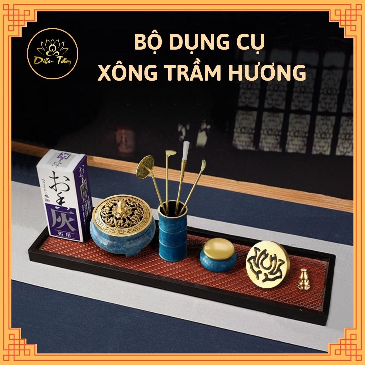 Bộ dụng cụ xông trầm hương nhiều món bằng đồng nguyên chất sơn xanh tặng bột Nhật dẫn lửa và trụ đồng cài nhang vòng