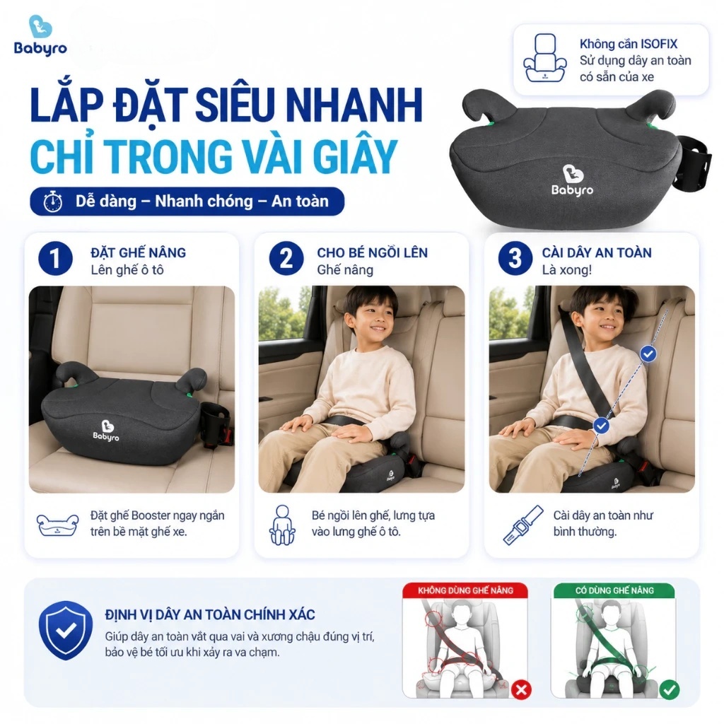Ghế ngồi ô tô cho trẻ em Babyro Booster (Không isofix), 6-12 tuổi, ghế nâng chuẩn an toàn ECE R129 (i-Size) - Hàng chính hãng