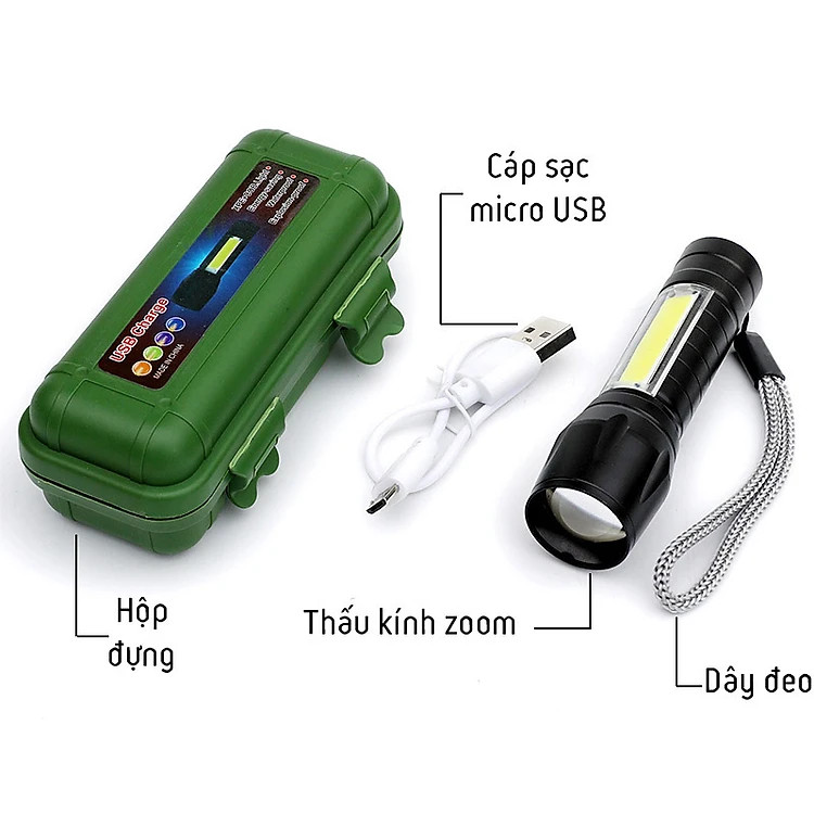 Đèn pin mini siêu sáng bỏ túi 2in1 có zoom xa gần kèm hộp đựng- Hàng chính hãng