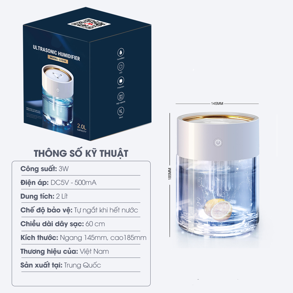 Máy phun sương, tạo độ ẩm trong phòng dung tích 2L, CÓ đèn LED- KHÔNG gây tiếng ồn