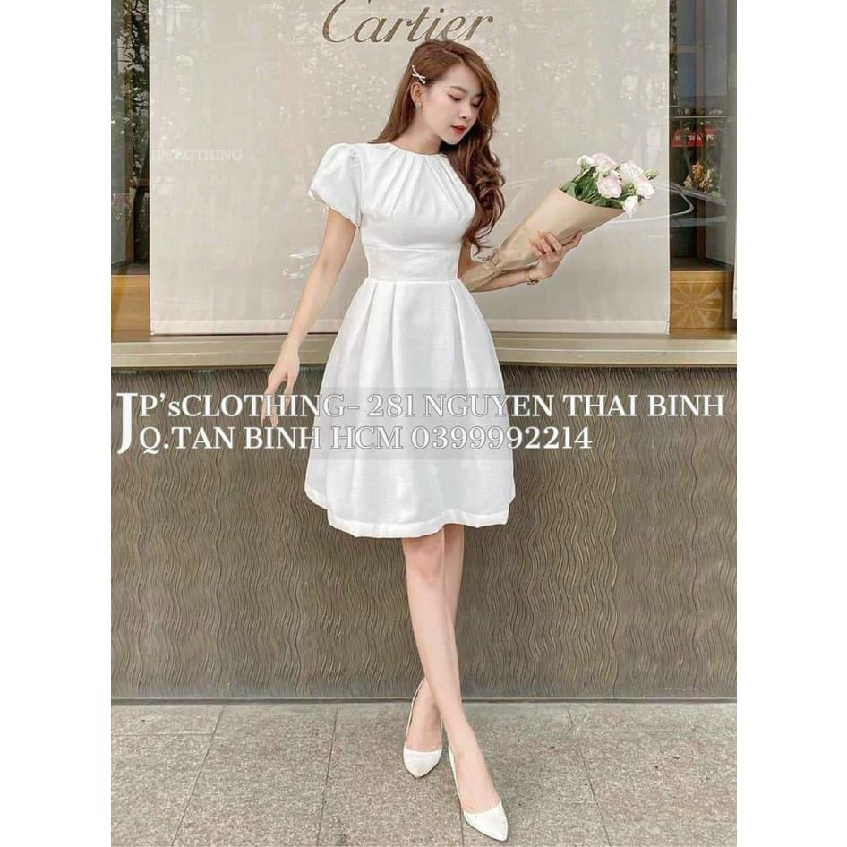 Đầm xoè tay phồng cổ tròn xếp ly