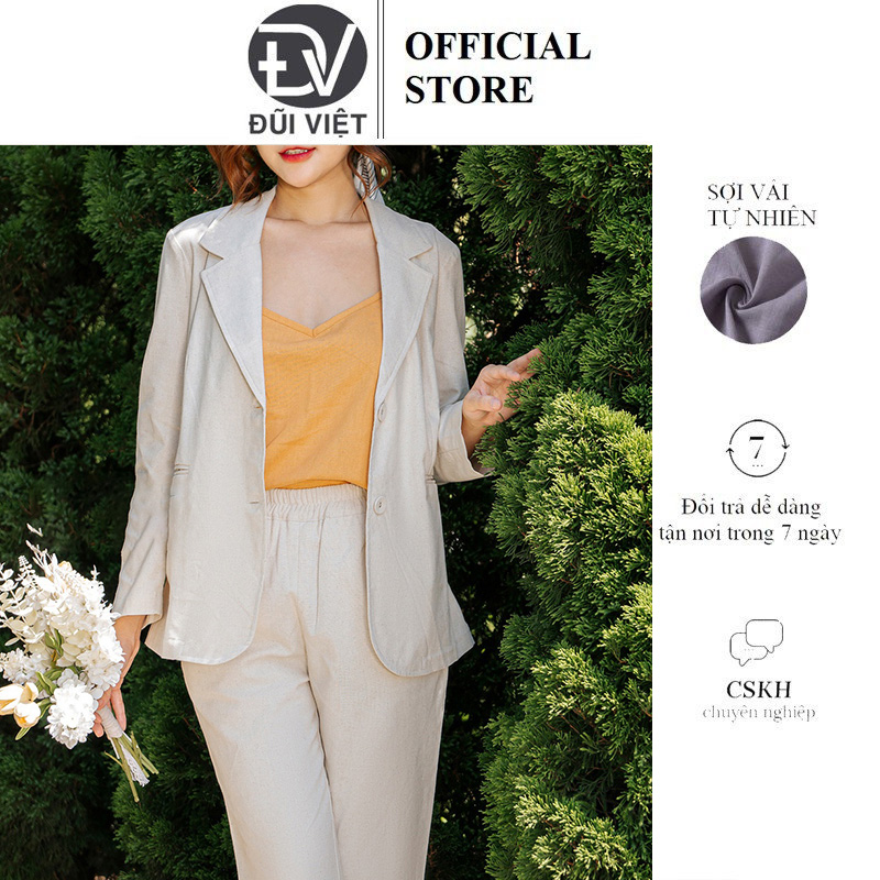 Áo vest blazer nữ suông nhẹ cao cấp Đũi Việt màu be muối tiêu vintage, chất vải linen mịn thoáng,phong cách thời trang công sở DV08