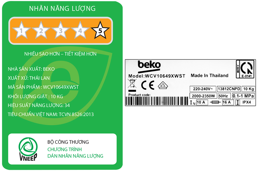 Máy giặt Beko Inverter 8 kg WCV10649XWST - Hàng Chính Hãng - Chỉ Giao HCM