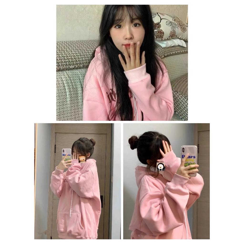 Áo Hoodie Nỉ In Chữ GREENGUN Dáng Rộng Mũ Trùm Màu Hồng Siêu Xinh