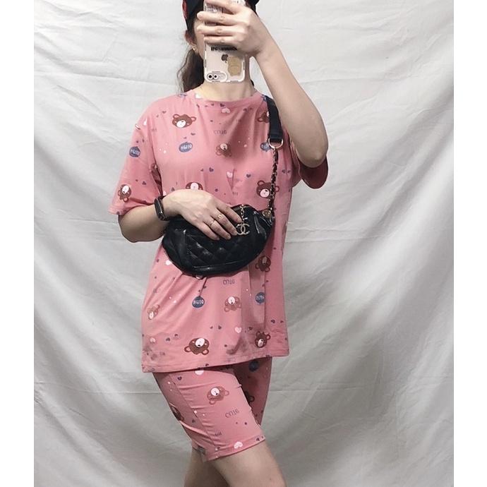Bộ mặc nhà nữ chất cotton hình gấu kute áo cộc quần đùi ngố