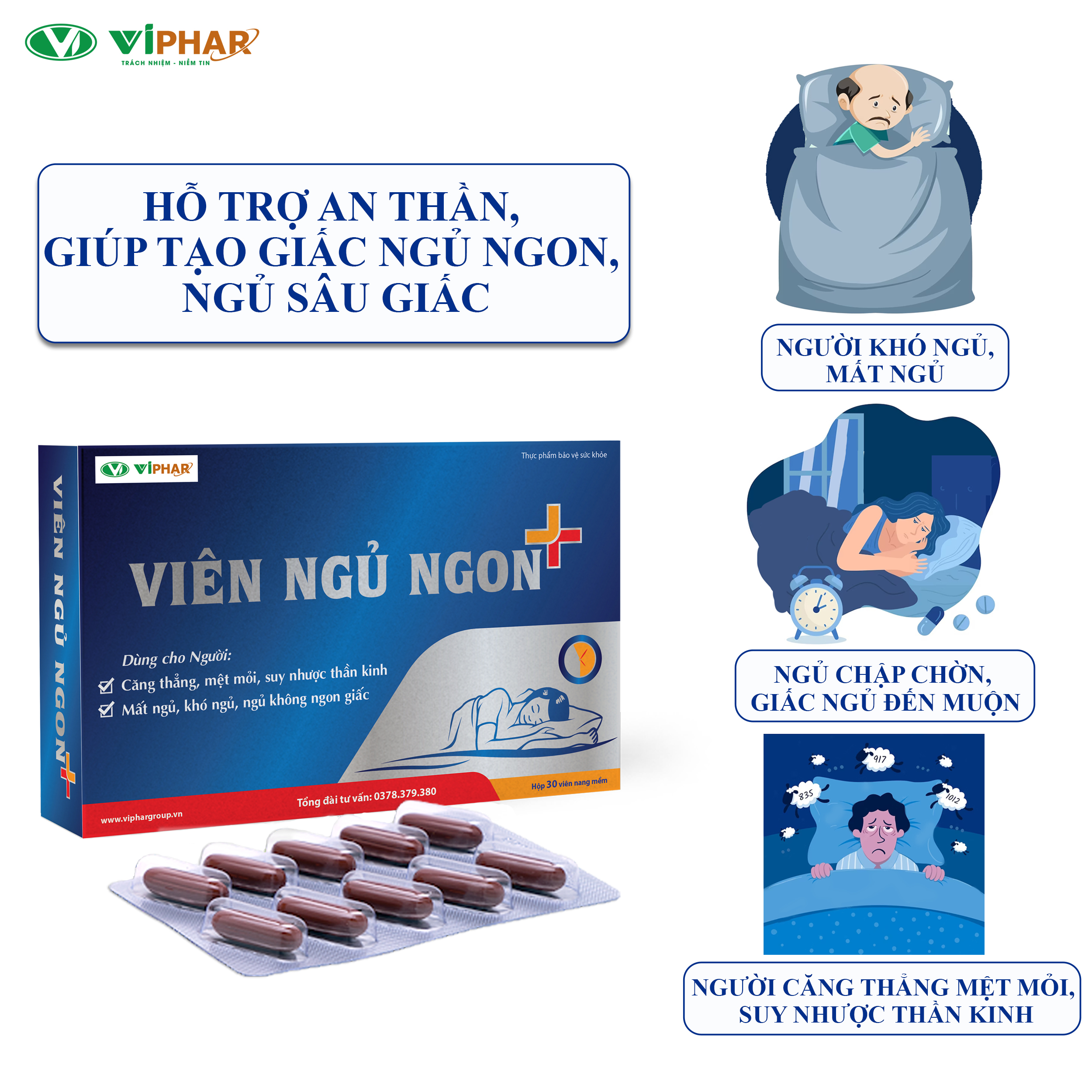 Viên Ngủ Ngon + Đông Trùng Hạ Thảo VIPHAR Hộp 30 Viên Giúp Ngủ Ngon, Ngủ Sâu Giấc, Bồi Bổ Sức Khoẻ