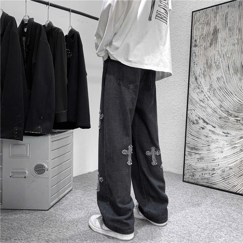 Quần jean ống rộng nam nữ 2N Unisex hình chữ thập Q06