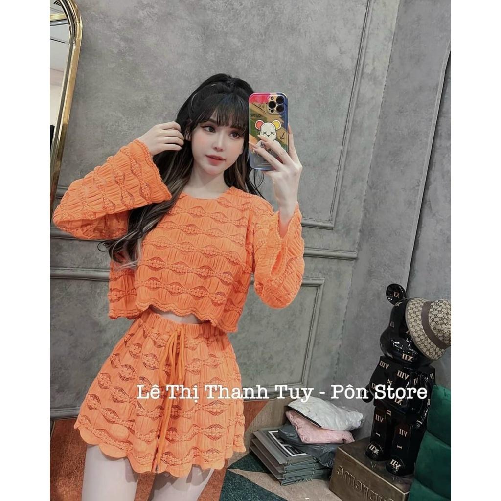 Set bộ đồ nữ áo tay dài croptop mix quần đùi ống rộng cùng tone màu đơn giản, xinh xắn dành cho các tình yêu đi chơi