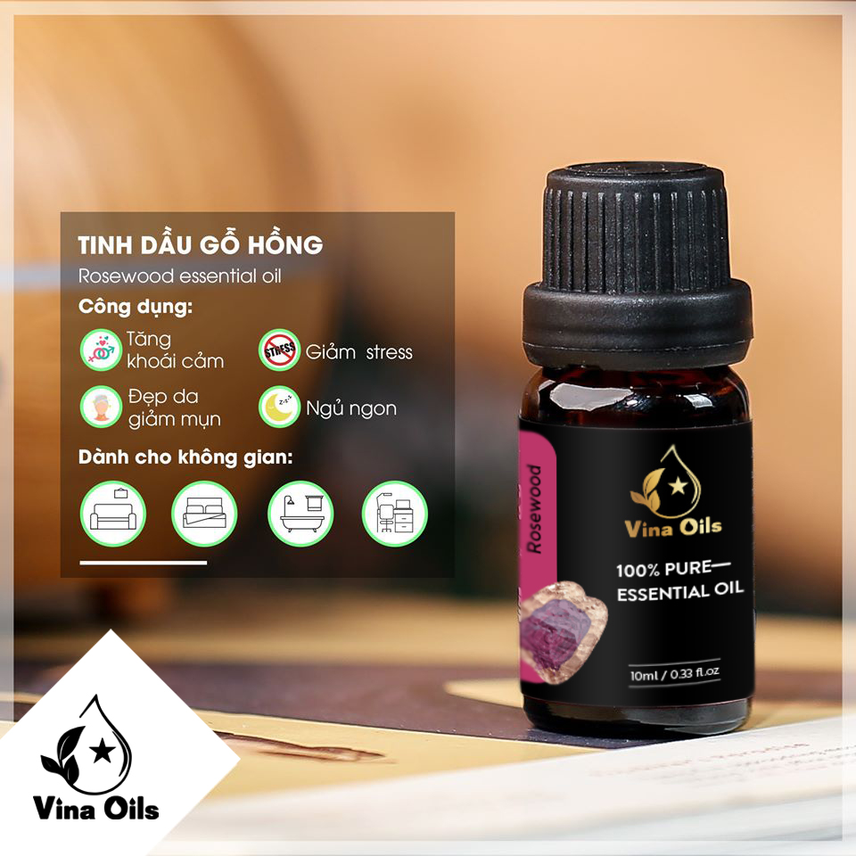 Tinh Dầu Gỗ Hồng Vina Oils 10ml - Rosewood Essential Oil 10ml -  Được Chiết Xuất Từ Thiên Nhiên Nguyên Chất - Mang Lại Cảm Giác An Tâm, Giảm Stress, Giúp Ngủ Ngon, Trẻ Hóa Làn Da Và Tăng Kích Thích Ham Muốn