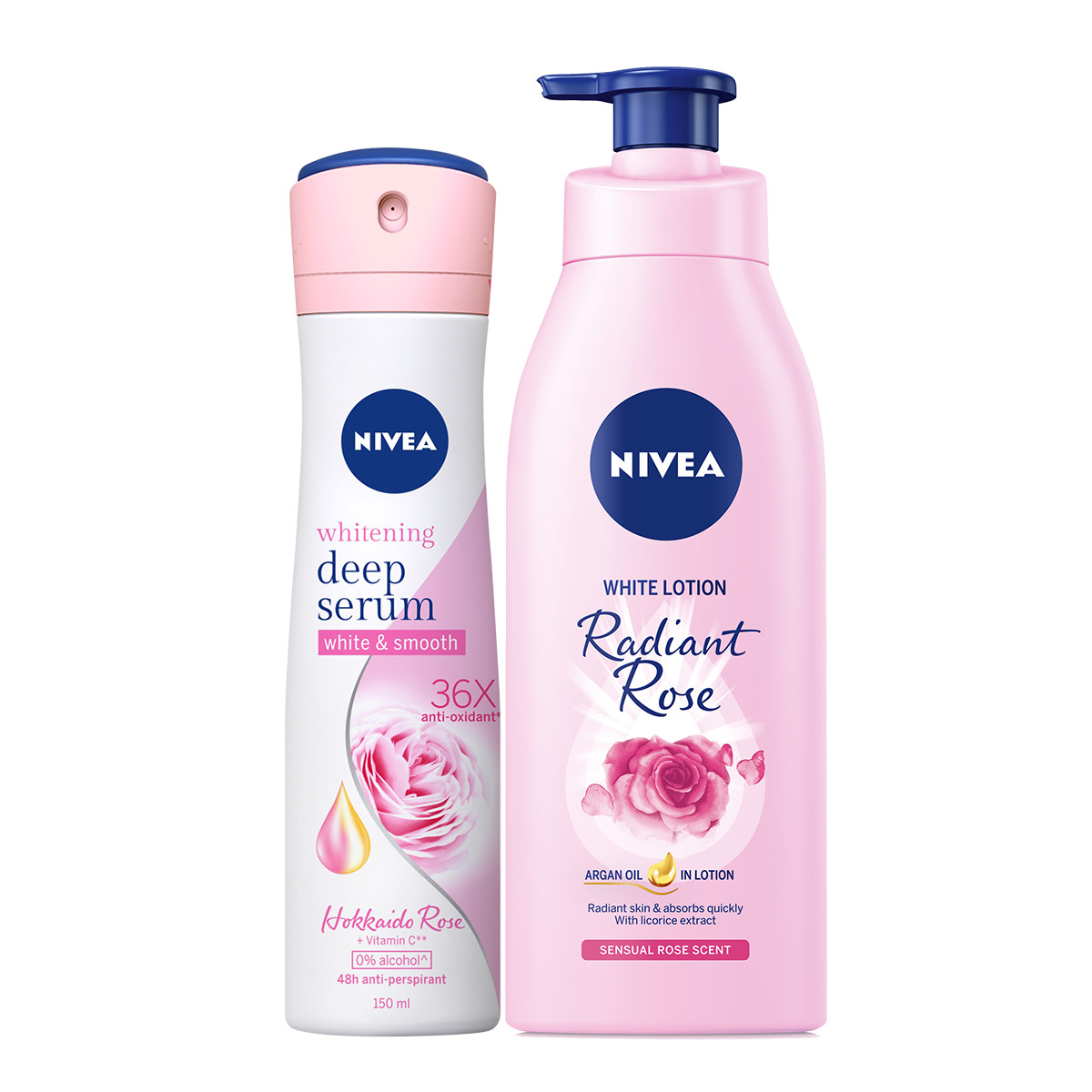 Bộ đôi Xịt Serum Ngăn Mùi NIVEA Trắng Mịn Hương Hoa Hồng Hokkaido (150ml) - 85304 &amp; Sữa Dưỡng Thể Dưỡng Trắng NIVEA Hương Hoa Hồng Radiant Rose (350ml) - 85707