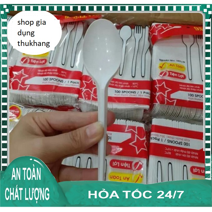 1 túi 100 chiếc thìa muỗng nhựa dùng 1 lần màu trắng sữa cao cấp dùng cho quán ăn, nhà hàng, du lịch