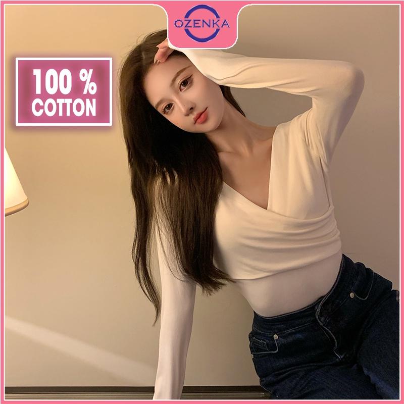 Áo croptop cổ v tay dài ôm nữ OZENKA crt thun gân thời trang đẹp 100% cotton đen trắng free size dưới 50kg