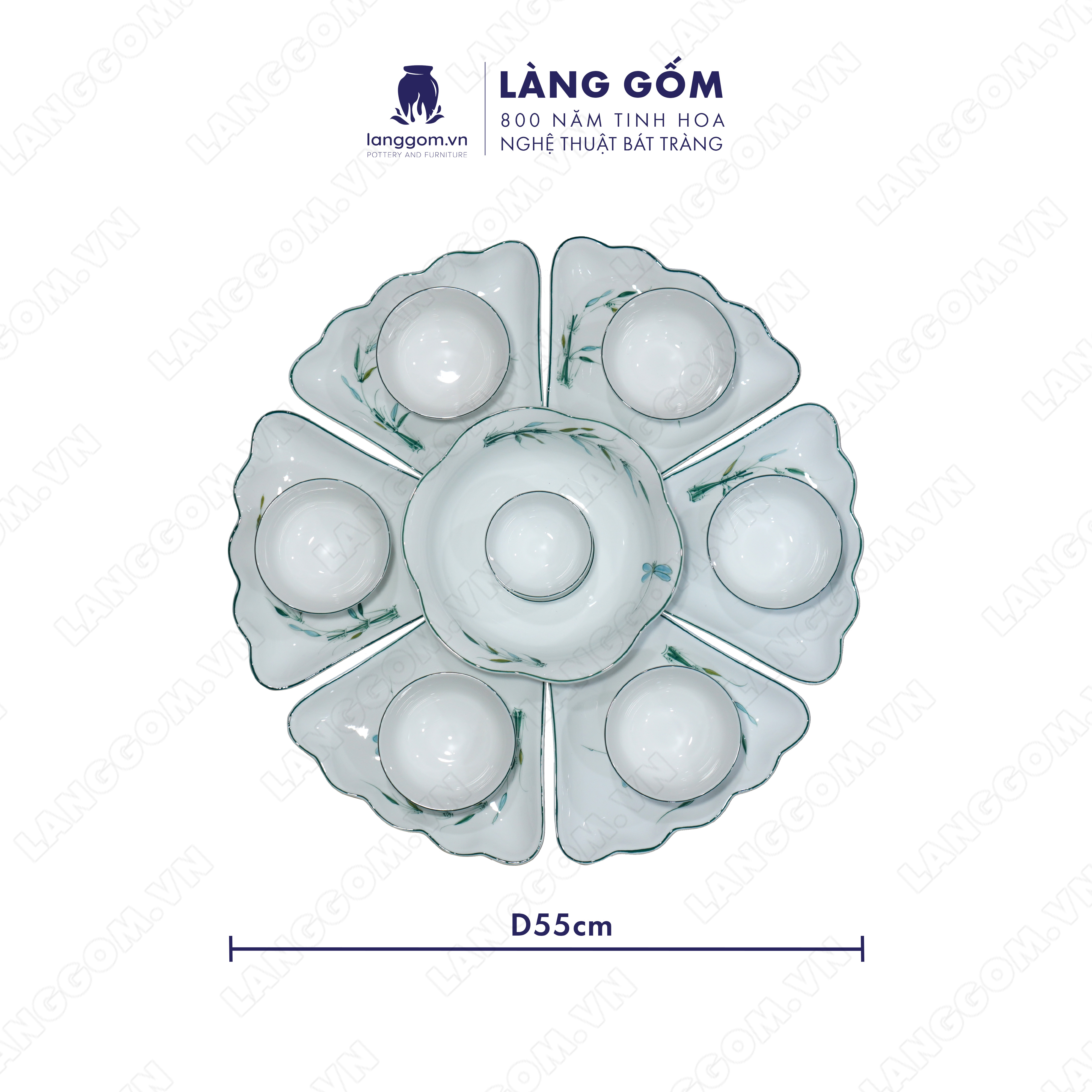 Bộ bàn ăn mặt trời vẽ trúc chuồn - Size: 55cm - Gốm sứ Bát Tràng - langgom.vn