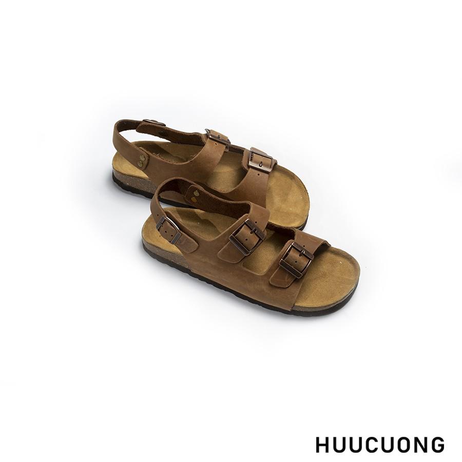 Sandal HuuCuong -2 khóa Da Bò đế trấu(nâu)