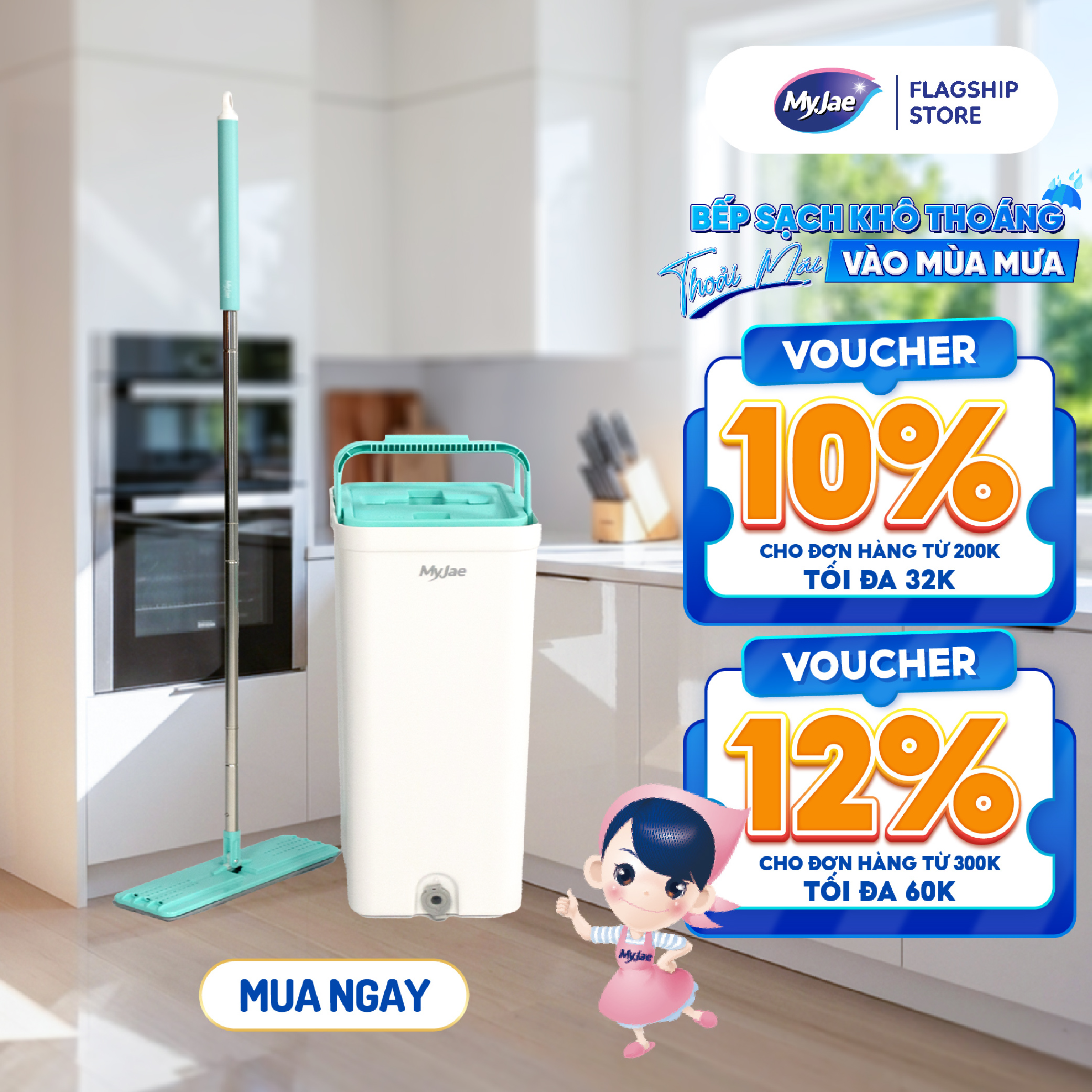 Bộ Lau Nhà MyJae Đài Loan Sợi Fiber Xoay 360 Độ Thông Minh 125cm
