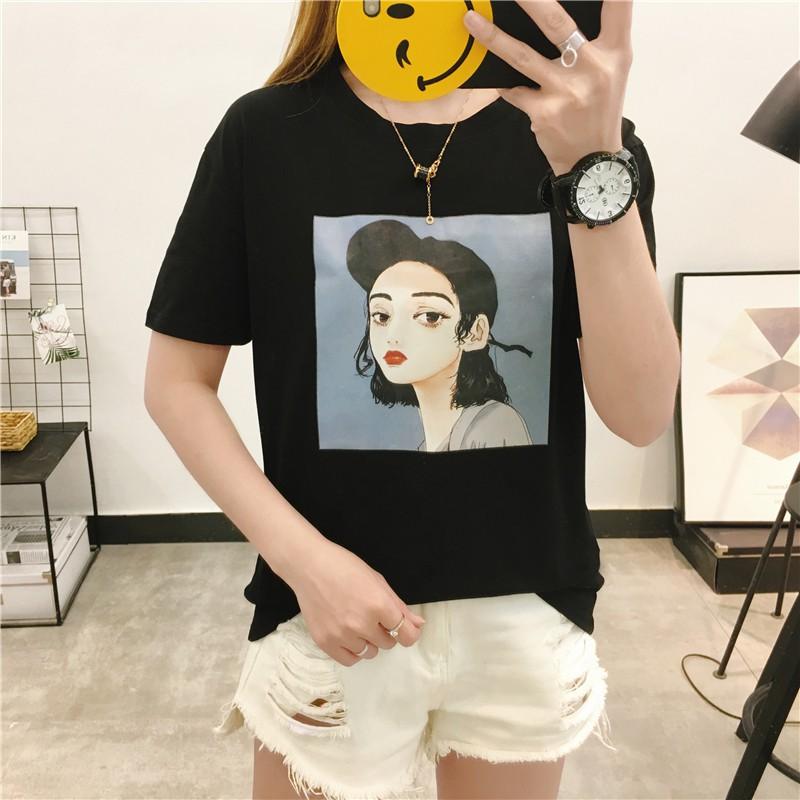 Áo thun dáng rộng cổ tròn hoạ tiết hoạt hình cho nữ