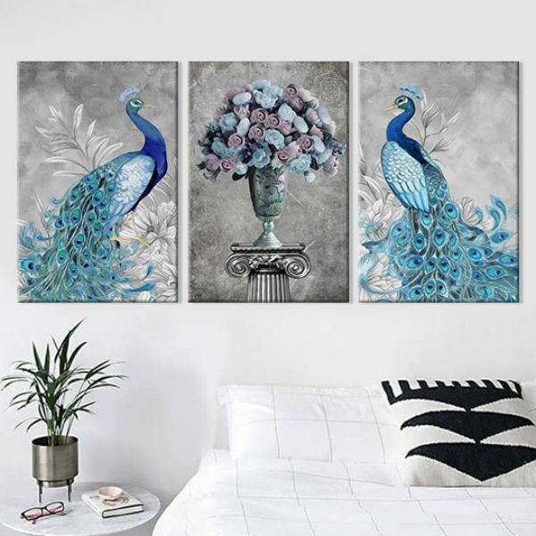 Bộ 3 Tranh Canvas Không Viền Chim Công Treo Tường "Đôi Khổng Tước" W291