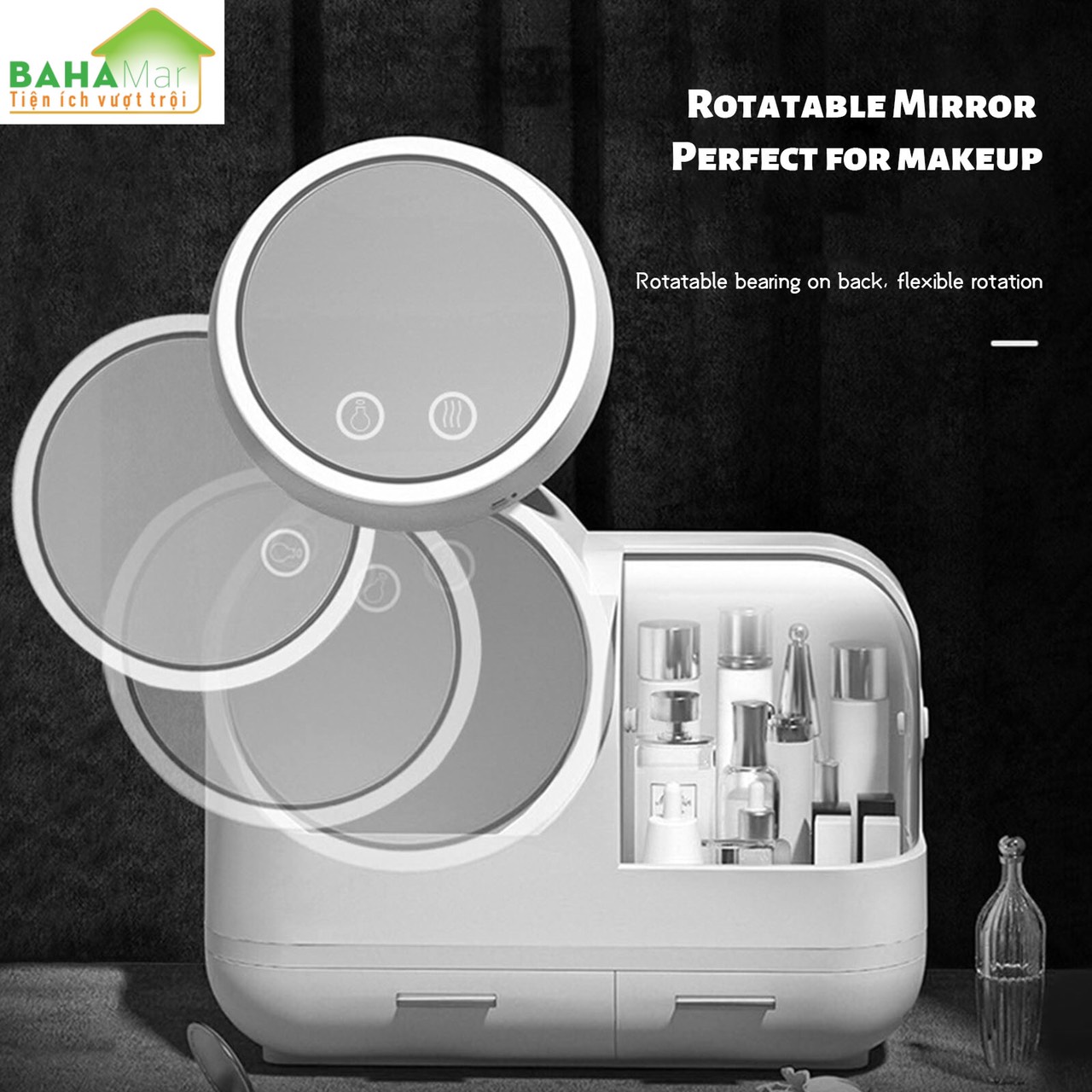 HỘP ĐỰNG MỸ PHẨM CÓ GƯƠNG TRANG ĐIỂM ĐÈN LED QUẠT BAHAMAR có quạt thổi khô lớp trang điểm thiết kế tay cầm dễ dàng xách di chuyển hộp chống bụi v