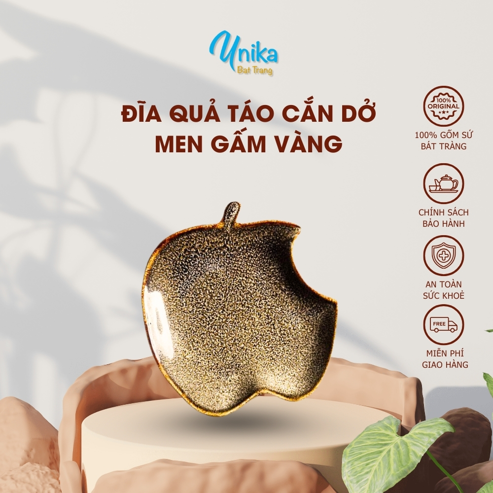Đĩa táo cắn dở men gấm vàng (4 size) - Khay hình quả táo men hỏa biến - Gốm Unika Bát Tràng