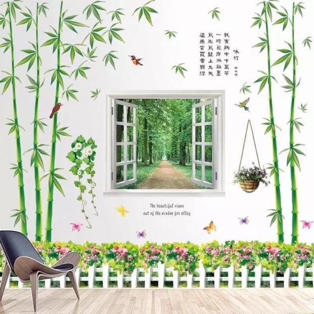 BỘ COMBO DECAL GHÉP ĐÔI dán tường - CÂY TRÚC LỚN CÙNG CỬA SỔ 1 CON ĐƯỜNG VÀ HÀNG RÀO TỈ MUỘI