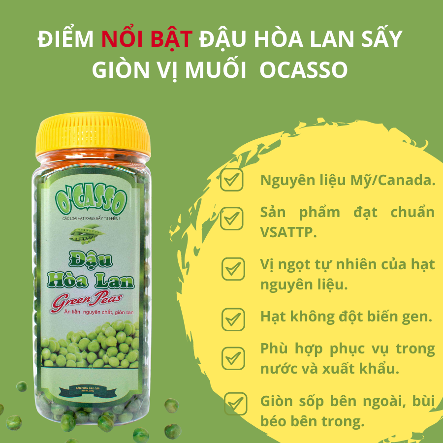 Combo 2 hộp Đậu Hòa Lan Sấy Giòn Vị Tỏi Ớt_Đậu Hòa Lan  Sấy Giòn Vị Muối O'Casso (275g/hộp)