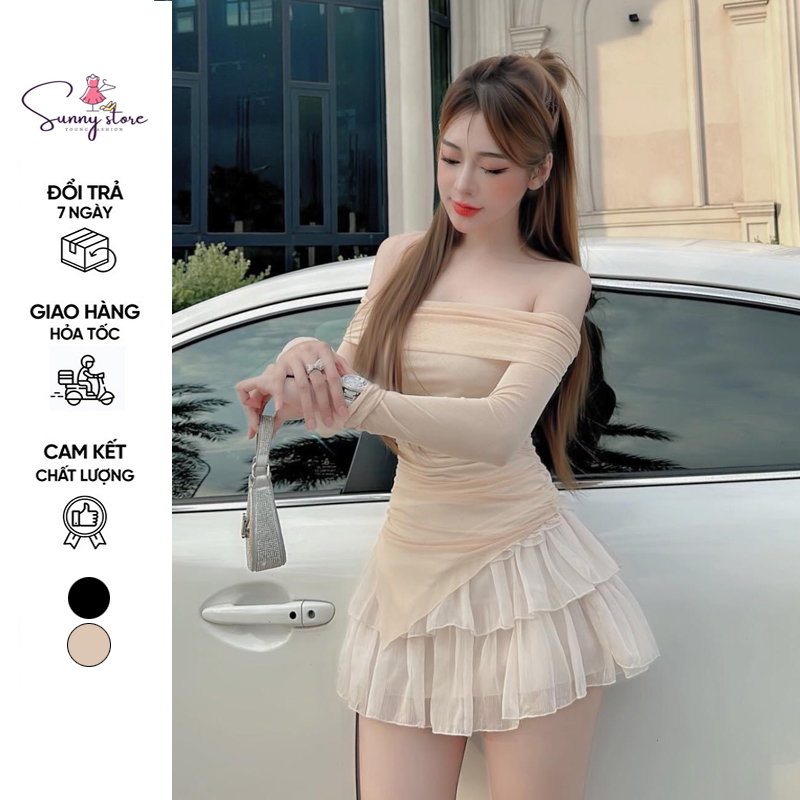 Set áo bẹt trễ vai kèm chân váy tầng