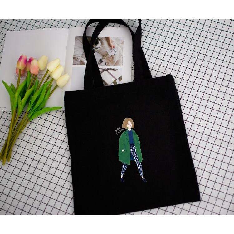 Túi Tote Bags Vải Canvas Có Khóa Kéo, Đeo Vai Cho Nữ Hình Cô Gái Năng Động - Kích Thước 35 x 31 x 7