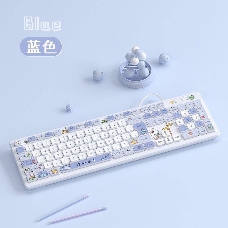 Phong cách mới nhất của máy tính xách tay bàn phím không dây ban đầu phim hoạt hình dễ thương sáng tạo cô gái văn phòng tắt tiếng máy tính có dây bên ngoài thơ và xa