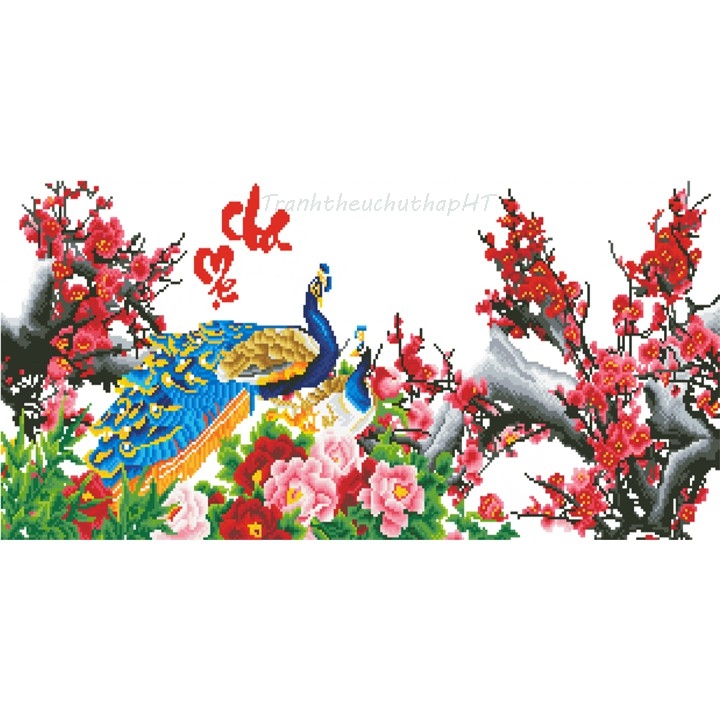 Tranh đính đá Cha Mẹ - cành đào hoa mẫu đơn - khách tự đính đá