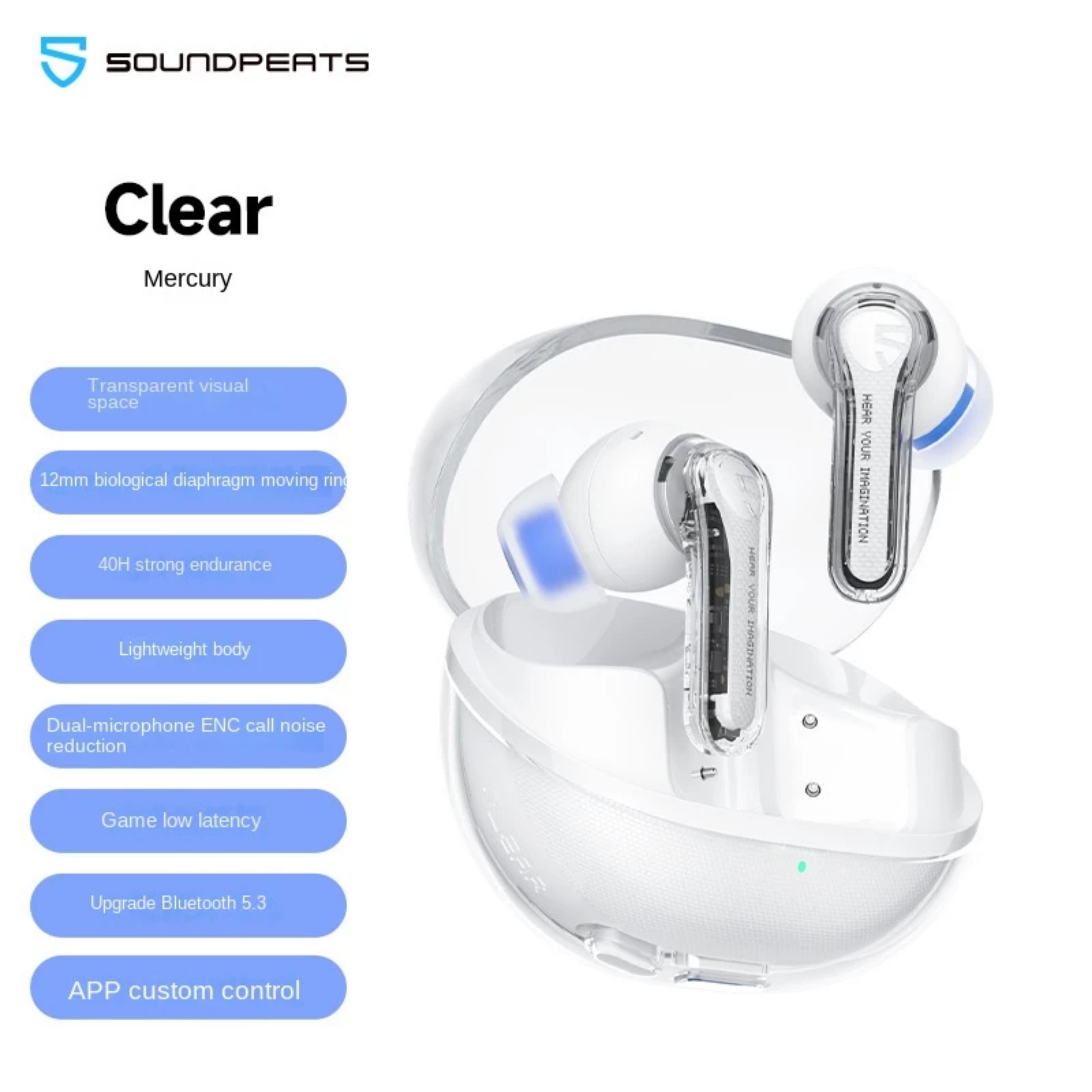 Tai nghe True Wireless SoundPEATS Clear | Trong suốt Trendy | Mic Kép ANC | Bluetooth 5.3 - Hàng Chính Hãng