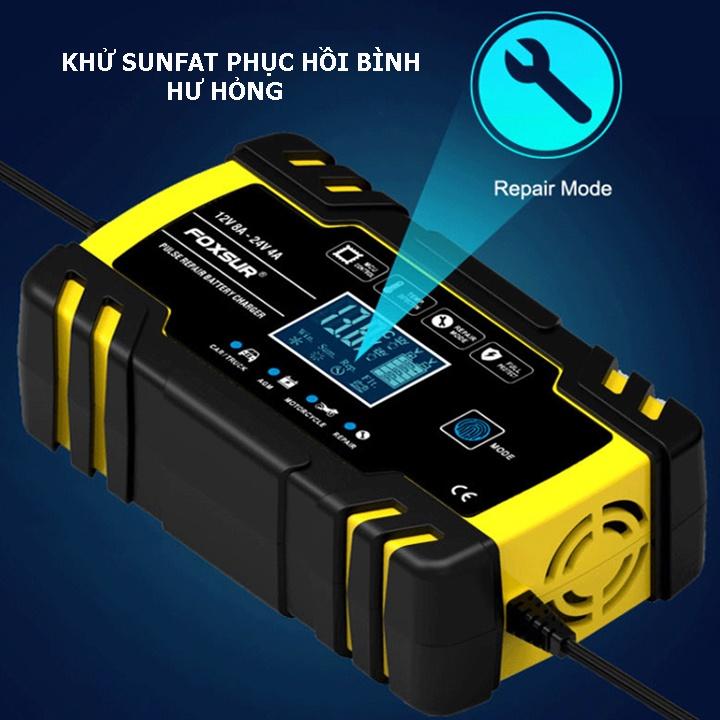 Sạc bình ắc quy 12V 24V 6Ah - 150Ah FOXSUR tự ngắt khi đầy chức năng bảo dưỡng phục hồi ắc quy bằng khử sunfat