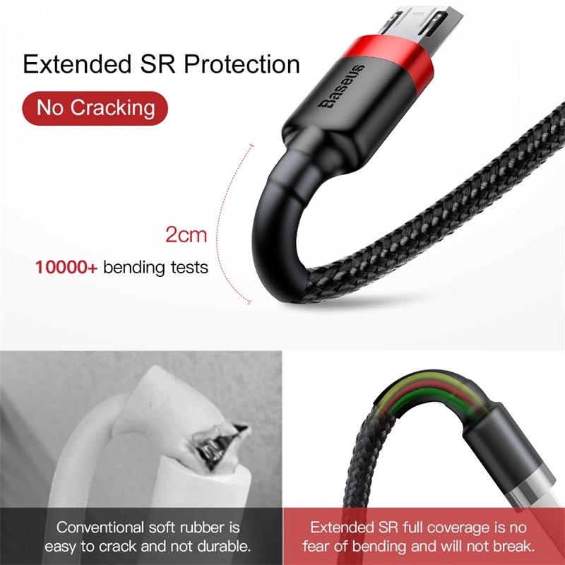 Cáp sạc nhanh Baseus Cafule Micro USB cho Smartphone Android Samsung/ Xiaomi/ Oppo/ Asus/ Huawei (2.4A, Quick charge 3.0, Đâu Micro USB cắm 2 chiều)  Hàng Chính Hãng