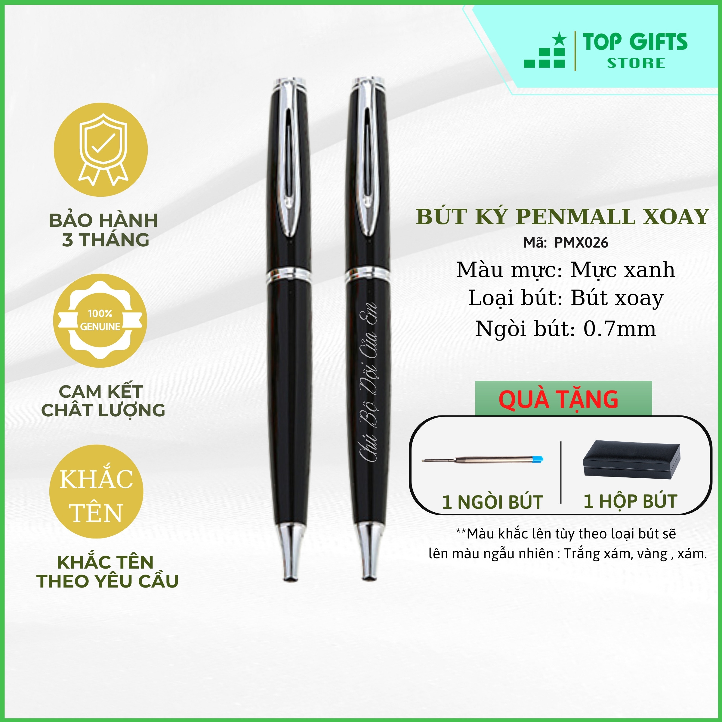 Bút kim loại PENMALL PMX026 khắc tên - Dạng xoay mở ngòi 0.7mm mực xanh + Hộp bút