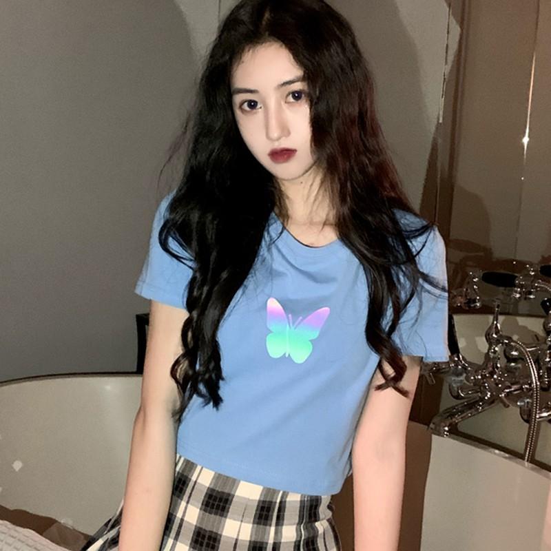 Áo thun croptop tay ngắn họa tiết bướm xinh xắn