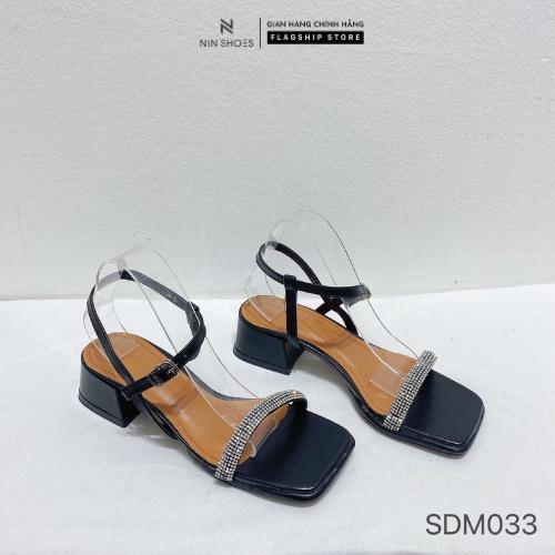 Giày sandal nữ Ninshoes - Sandal cao gót 3p mũi vuông đế vuông quai đính đá