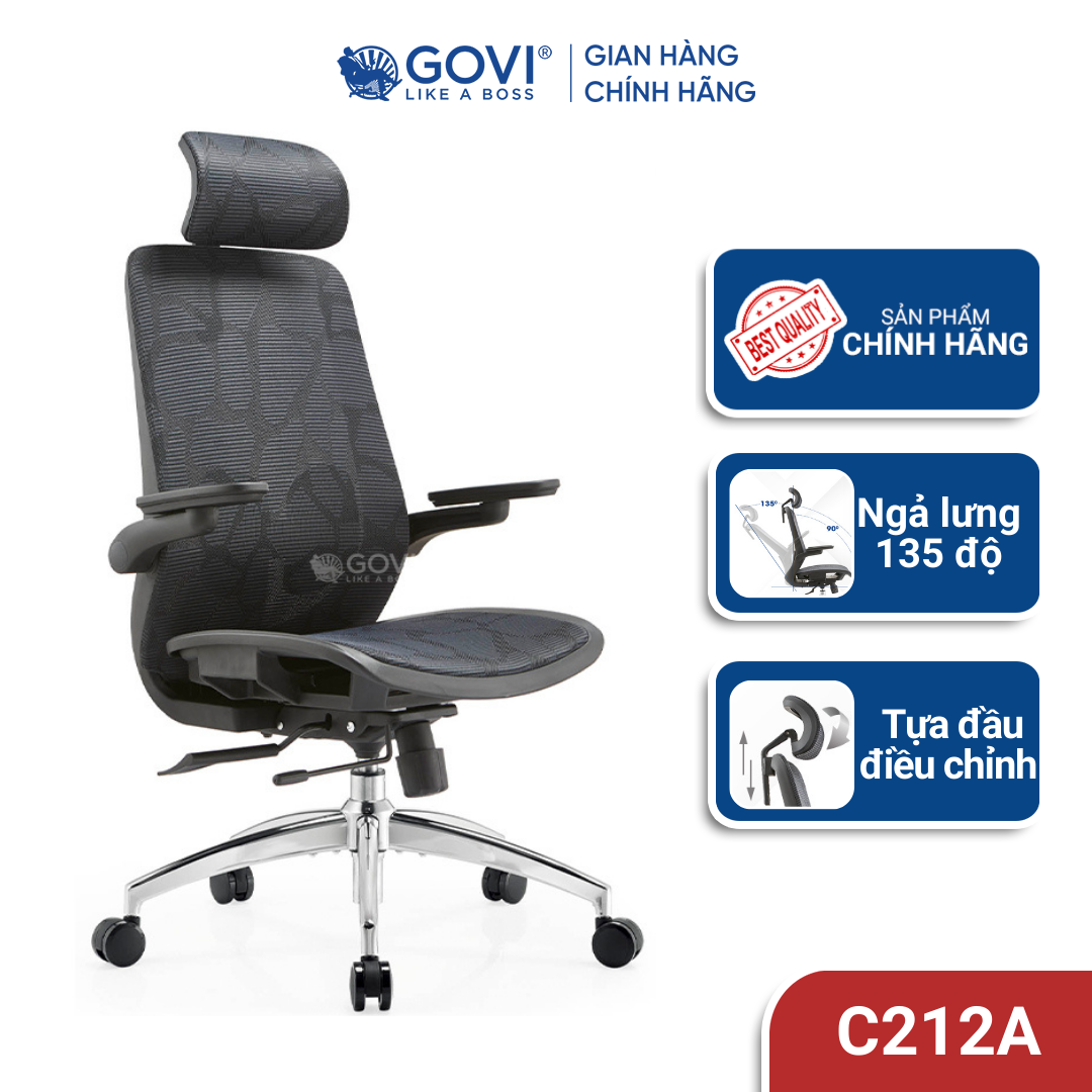 Ghế công thái học Ergonomic GOVI Como C212A - Tựa đầu điều chỉnh độ cao, lưng và đệm bọc vải lưới 3D, thiết kế tinh tế