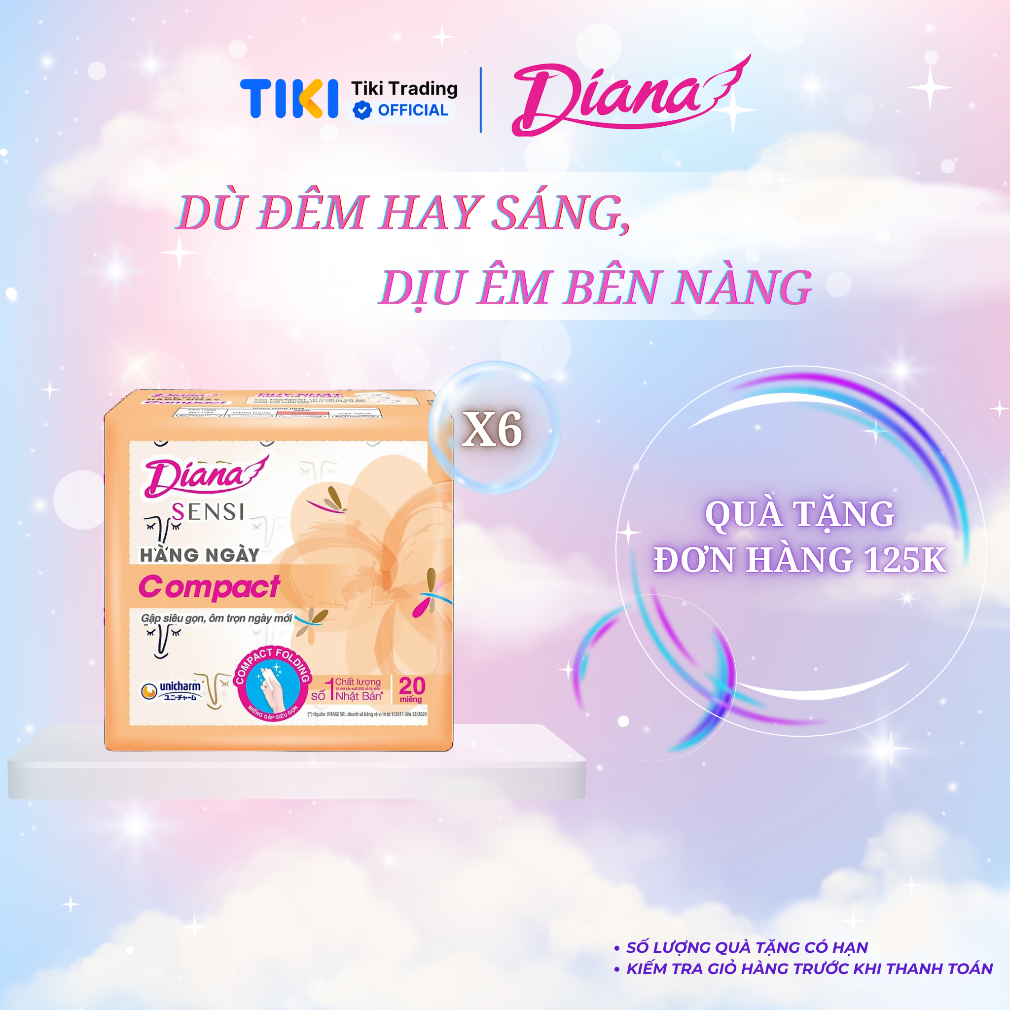 Combo 6 Băng Vệ Sinh Diana Hàng Ngày Compact Gói 20 Miếng