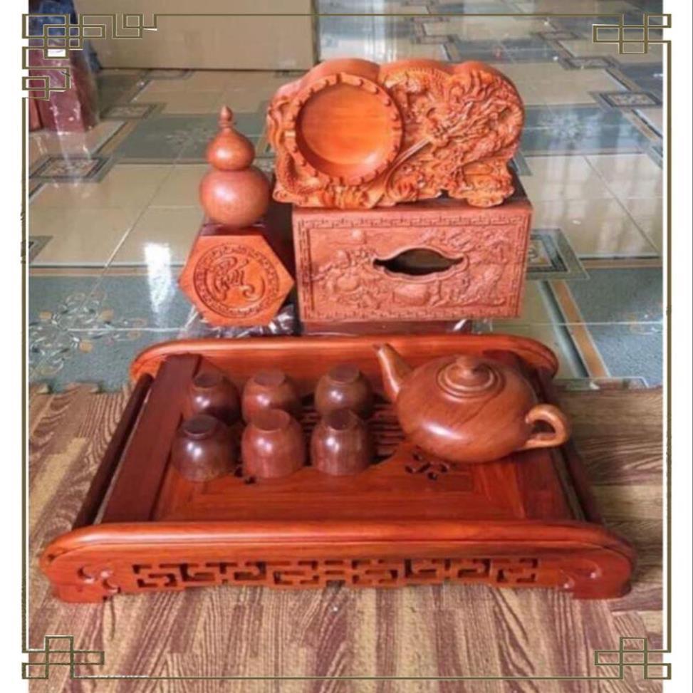 Combo 6 món gỗ hương trang trí phong khách - khay trà,hộp giấy,gạt tàn rồng,ấm chén trơn,hộp trà phúc,tăm bầu