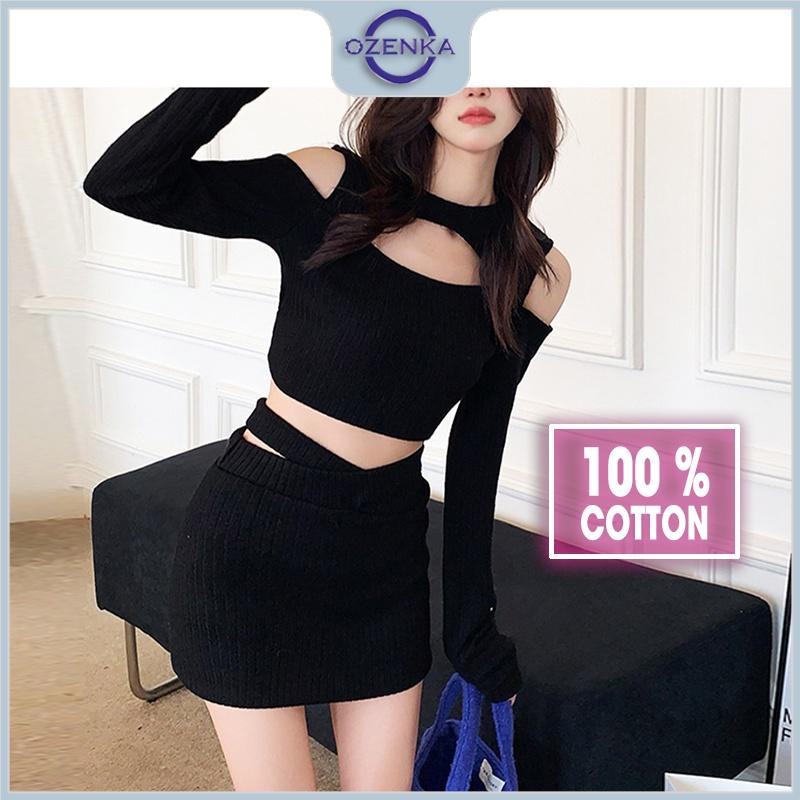 Set áo croptop trễ vai chân váy ngắn ôm Ozenka , ao crt tay dài kèm chân váy ôm body vải gân cotton dày đẹp đen trắng