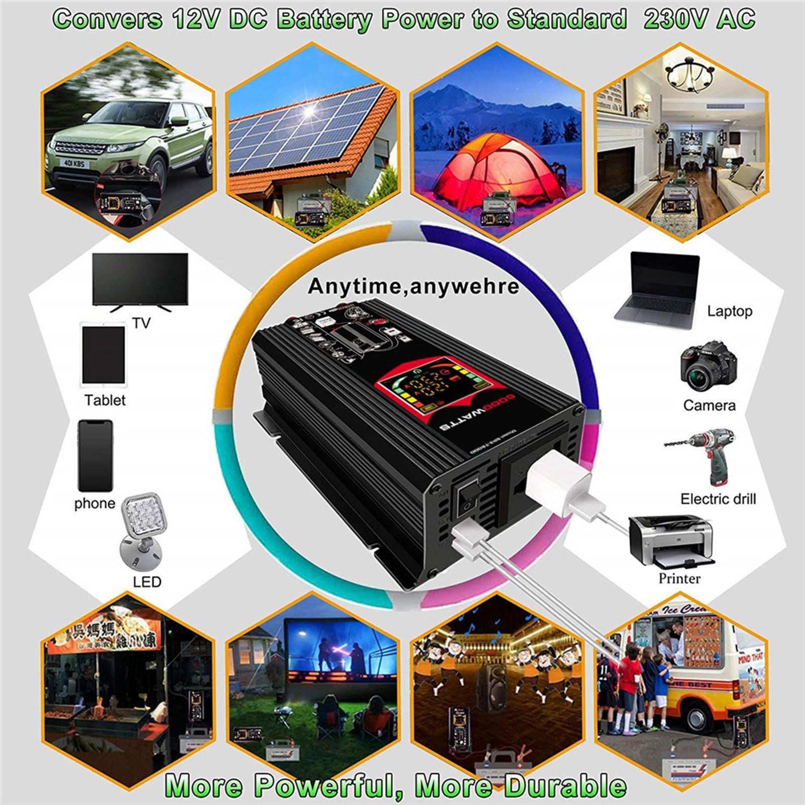 500W DC 12V /220V Inverter with 2 USB Charging Ports, Power Converter with 2 AC Outlets Battery Clip Charger, Car Adapter