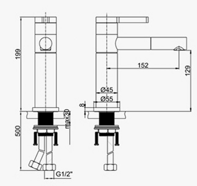 Vòi Lavabo nóng lạnh bóng kính trắng, chân vừa + 2 dây cấp