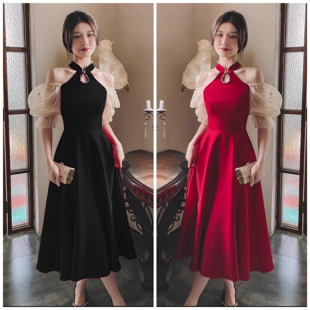 Váy đầm nữ dáng xòe trễ vai cổ tàu tay bồng kim sa kiểu dáng sang chảnh và thời thượng
