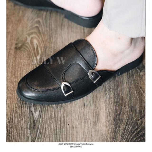 Double Monk Strap Slipper, giày sục nam da bò